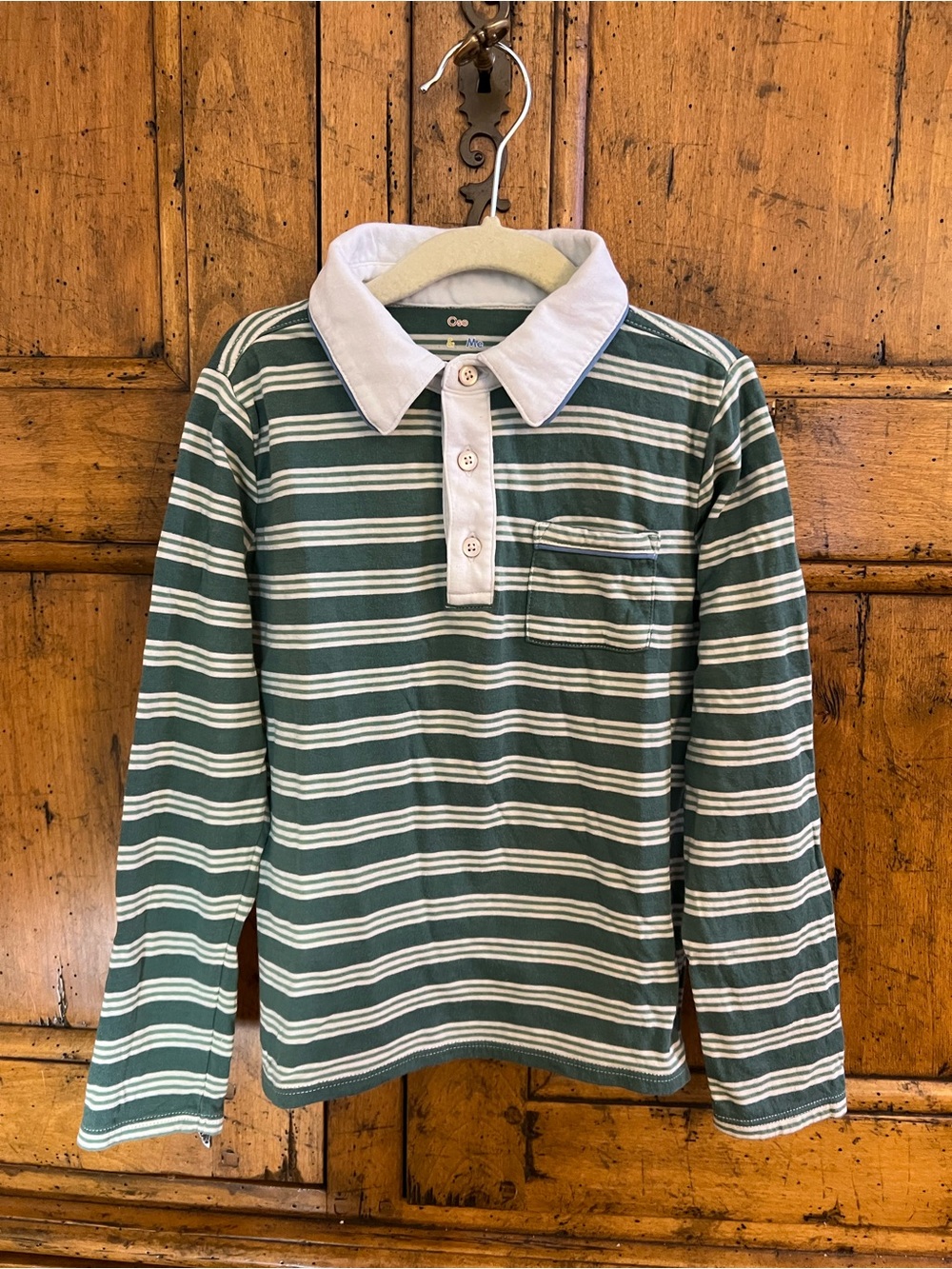 Oso & Me - Striped Green & White Long-Sleeve Polo Top - Kids